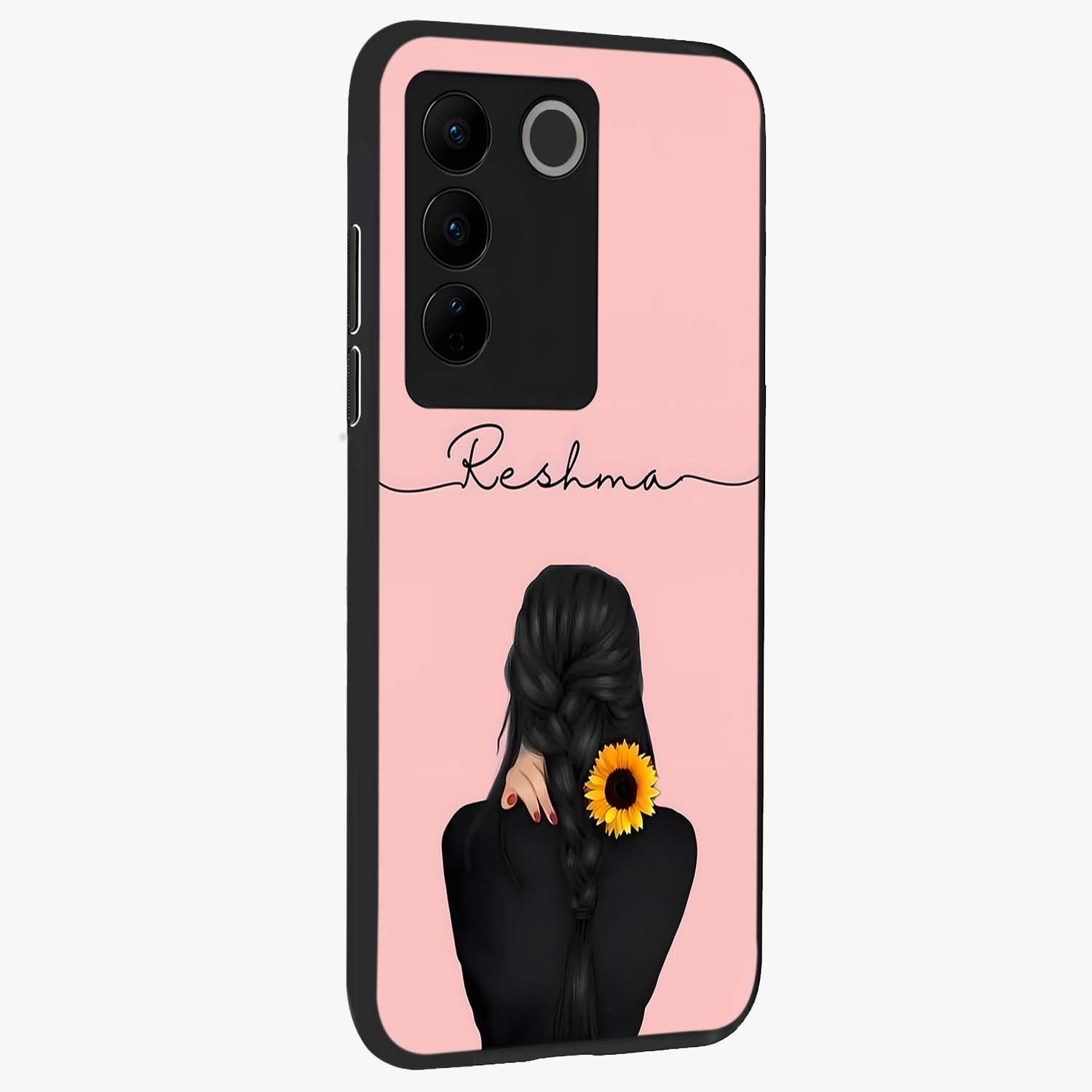 Sunflower Braid Beauty With Custom Name Glass Case upright view showcasing bright sunflower artwork with personalized floral aesthetic.
