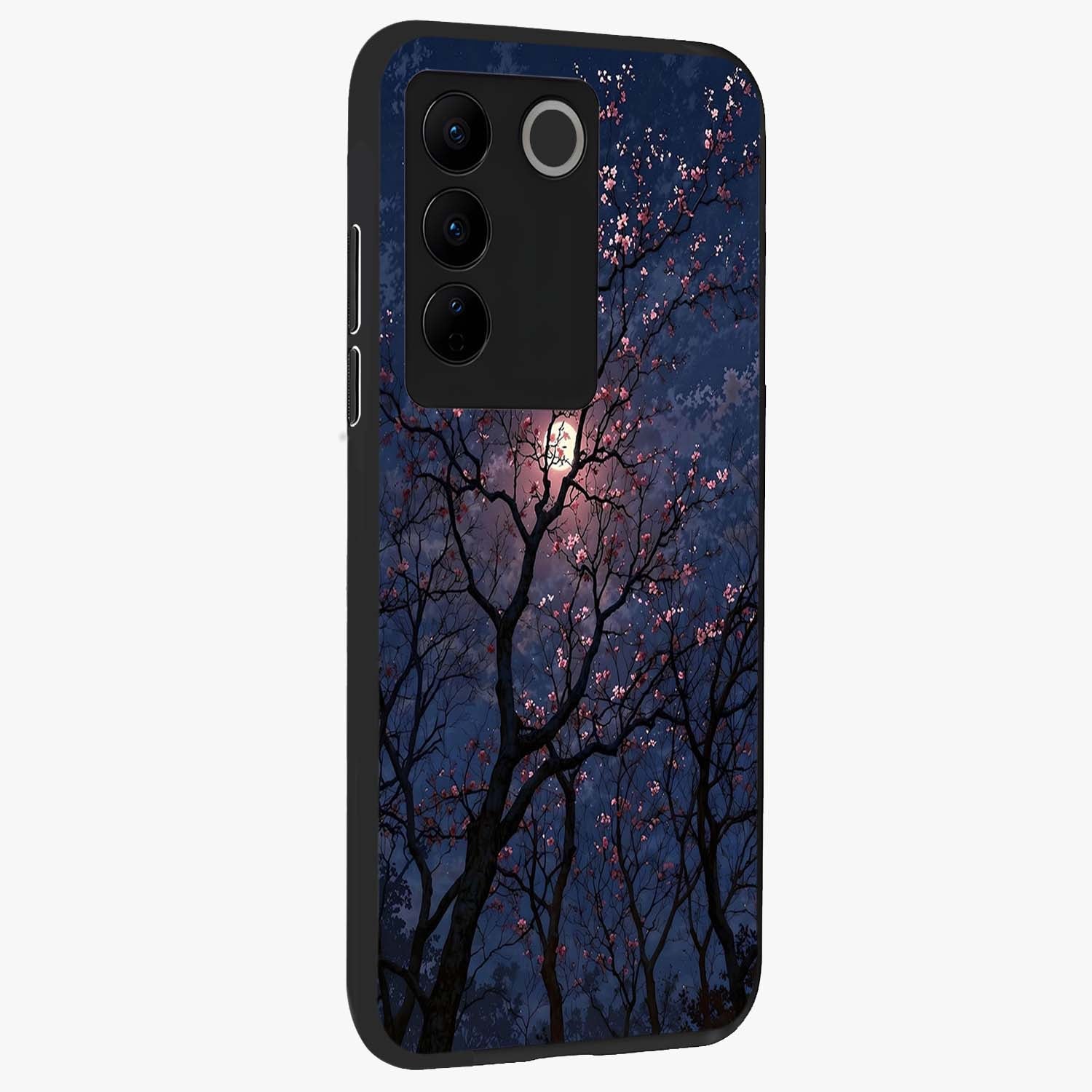 Twilight Sakura Serenade Glass Case upright view showcasing beautiful cherry blossom artwork with serene evening theme.