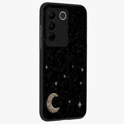 Twinkle Star With Half Moon Glass Case upright view showcasing glowing cosmic artwork with dreamy night theme.
