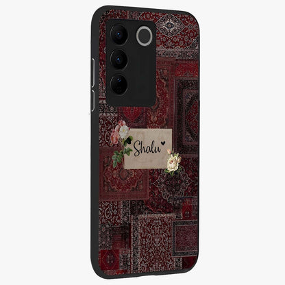 Velvet Wine Pattern Custom Name Glass Case upright view showcasing luxurious wine toned artwork with personalized aesthetic.