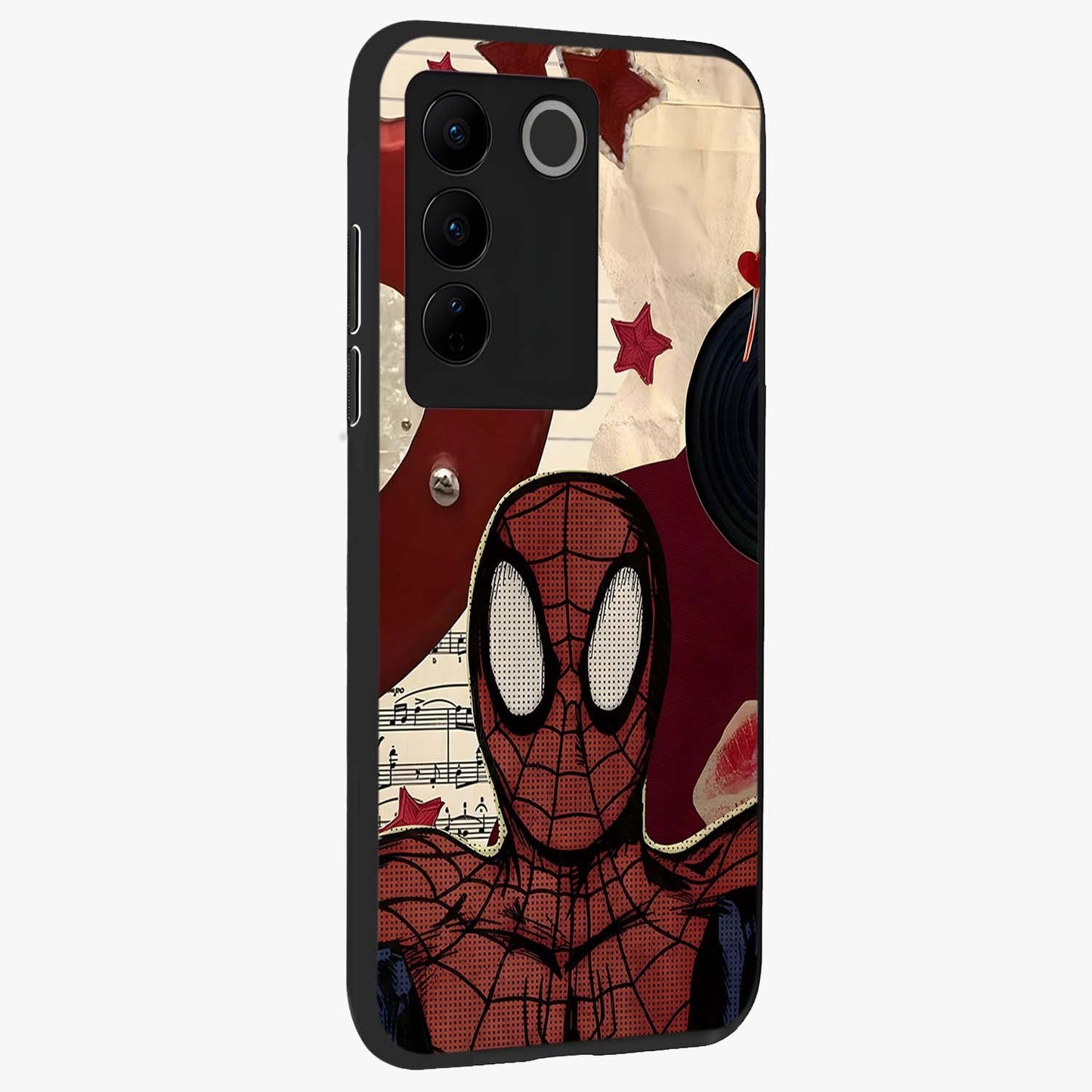 Web Warrior Vibes Glass Case upright view showcasing energetic superhero artwork with bold action theme.