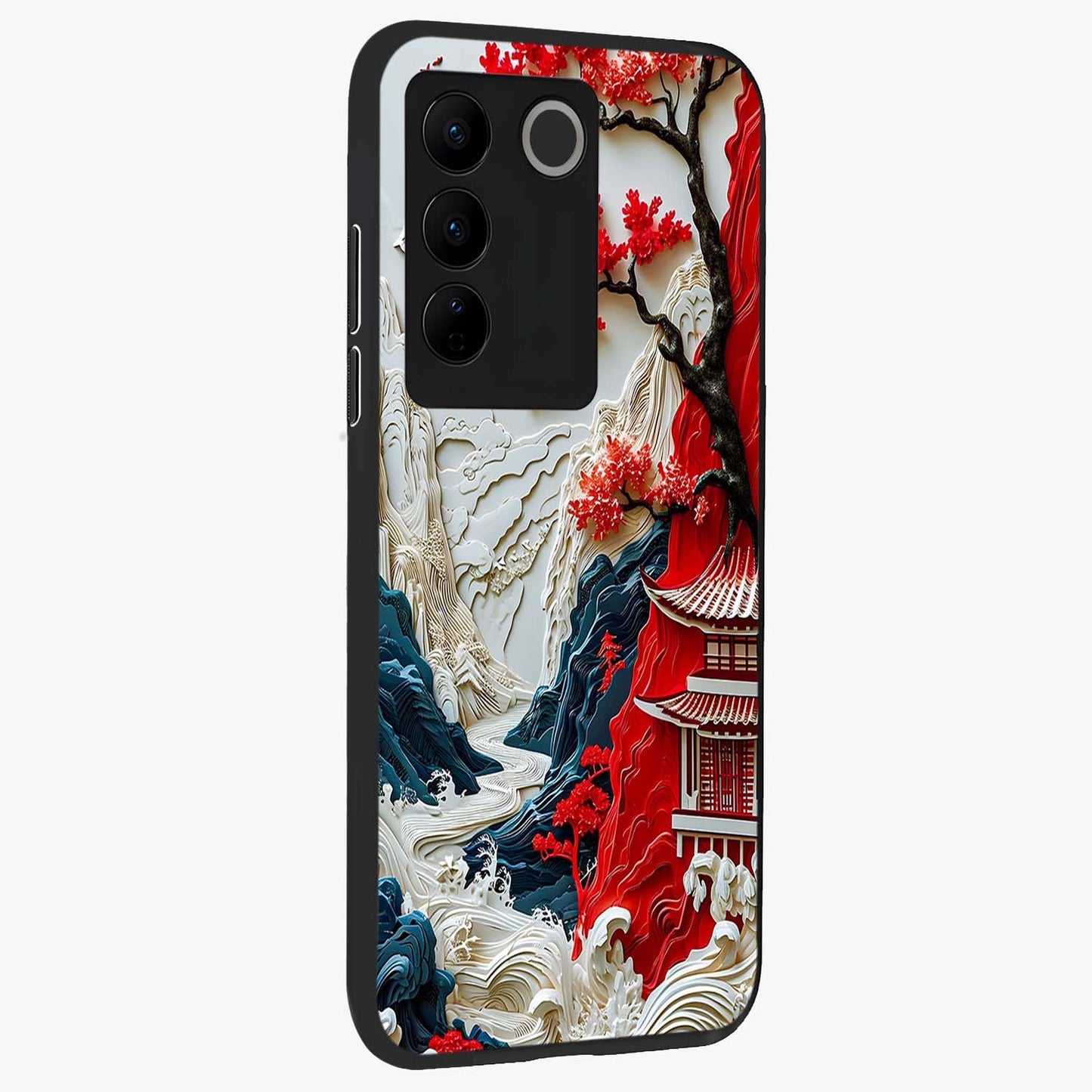 Whispers Of Sakura Waves Glass Case upright view showcasing delicate cherry blossom artwork with elegant nature theme.
