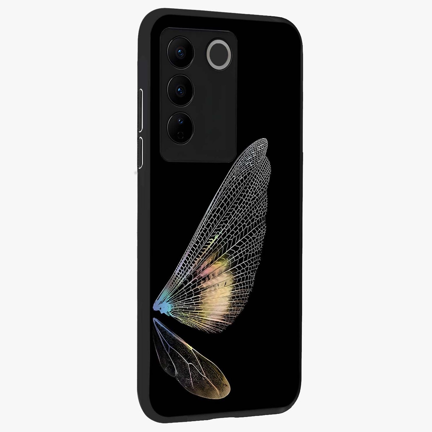 Whispers Of Wings Glass Case upright view showcasing elegant wing artwork with light airy theme.