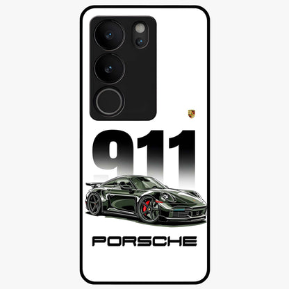 911 Turbo Dominance Glass Case showing clean flat back view with bold 911 sports car artwork and glossy glass finish.