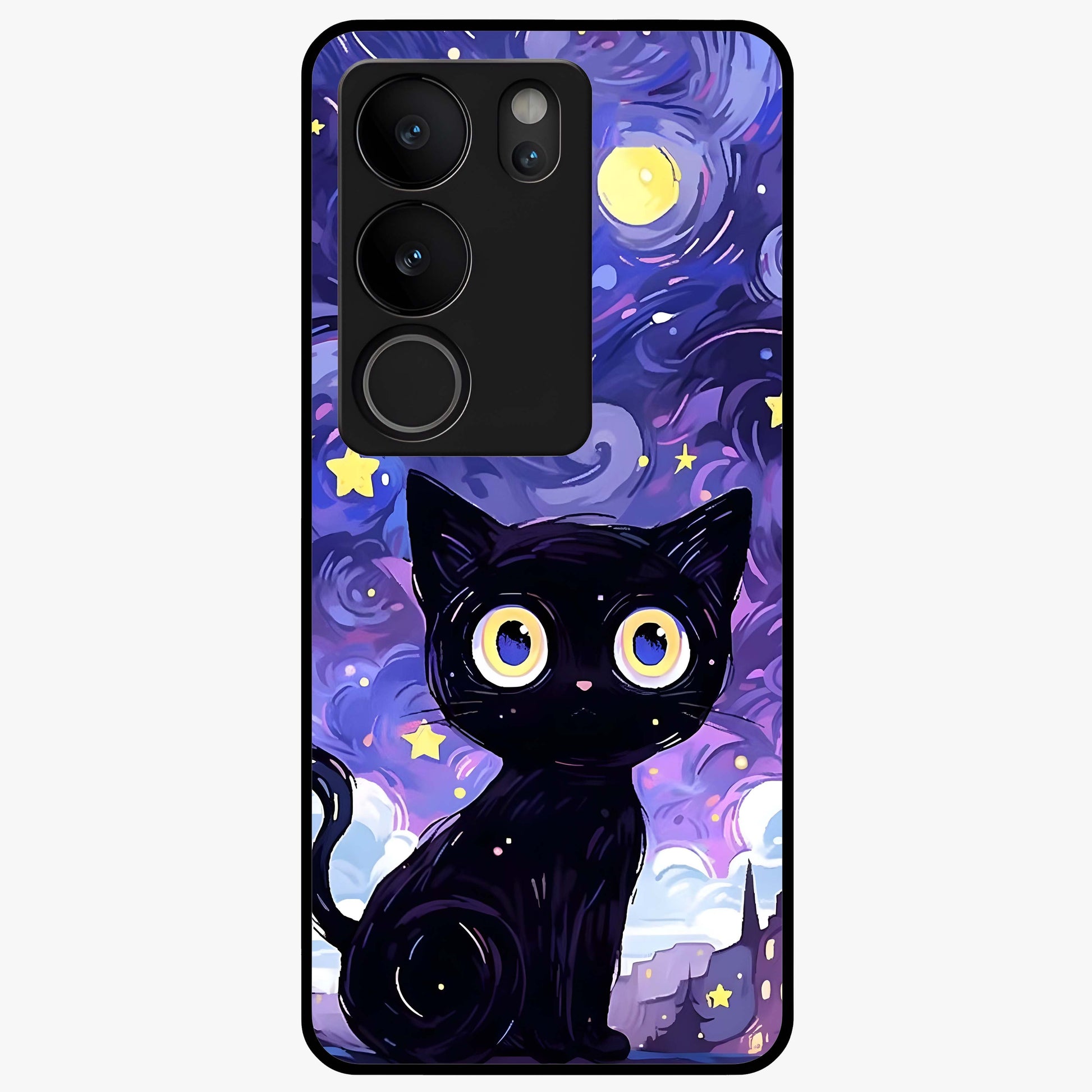 Abstract Cat Art Glass Case showing flat back view with artistic cat illustration and glossy glass finish.