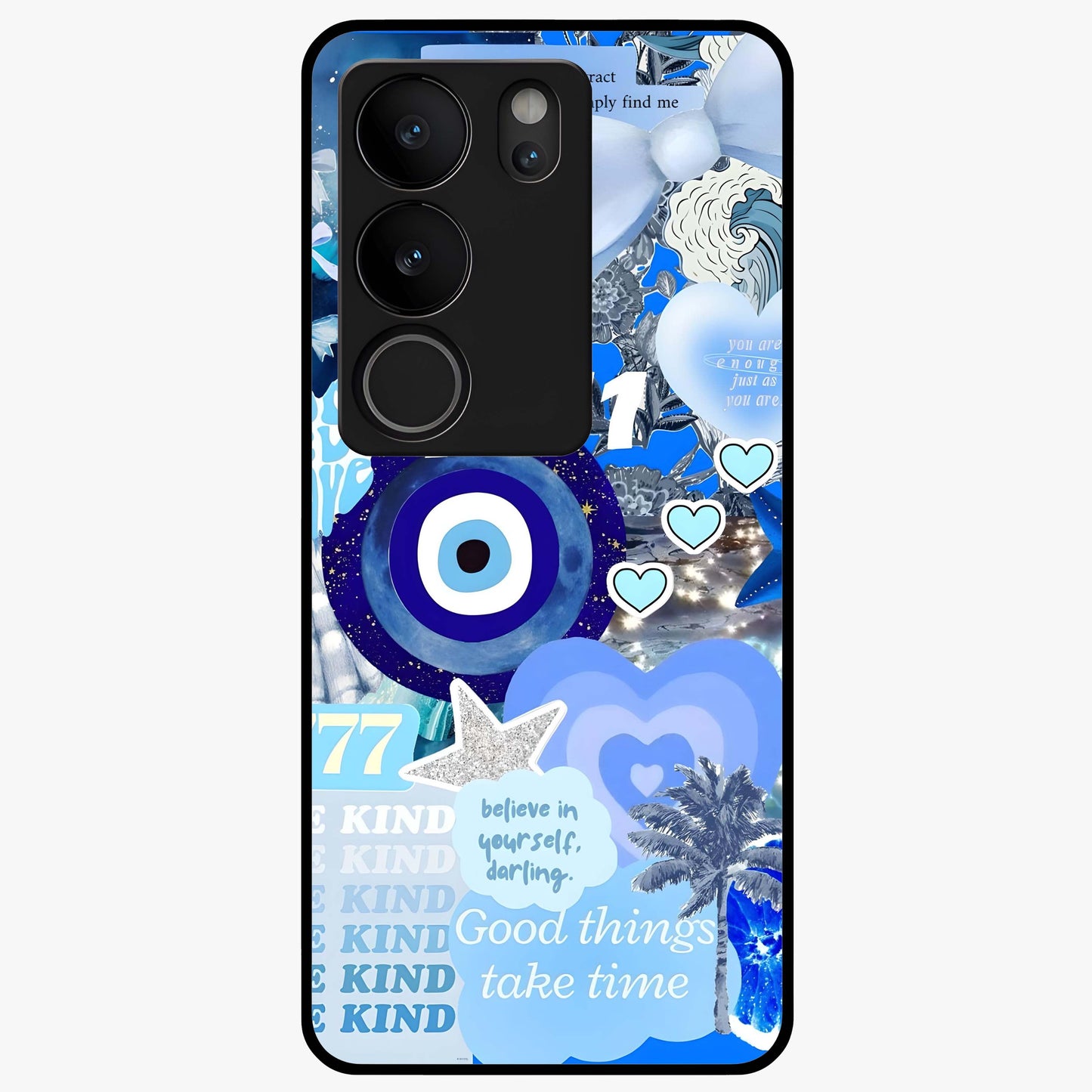 Aesthetic Be Kind Eye Glass Case showing flat back view with motivational eye artwork and glossy glass finish.