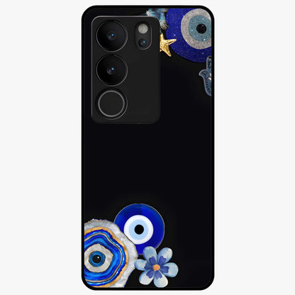 Aesthetic Blue Evil Eye Glass Case showing flat back view with protective evil eye artwork and glossy glass finish.