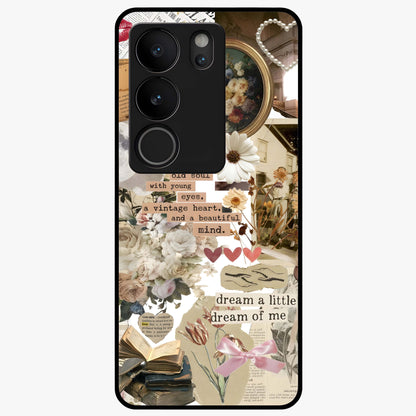 Aesthetic Brown Vintage Collage Glass Case showing flat back view with retro collage artwork and glossy glass finish.