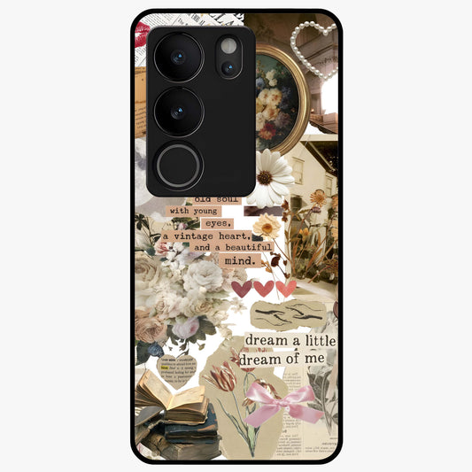 Aesthetic Brown Vintage Collage Glass Case showing flat back view with retro collage artwork and glossy glass finish.