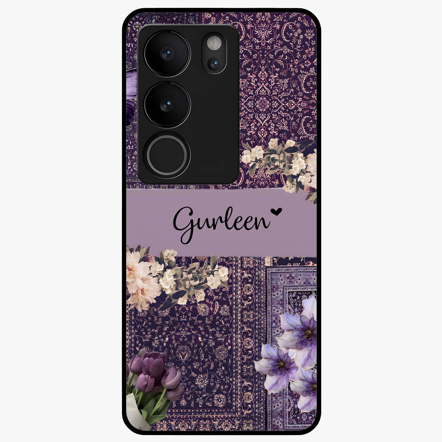 Antique Floral Whisper Custom Name Glass Case showing flat back view with vintage floral artwork and personalized name design.