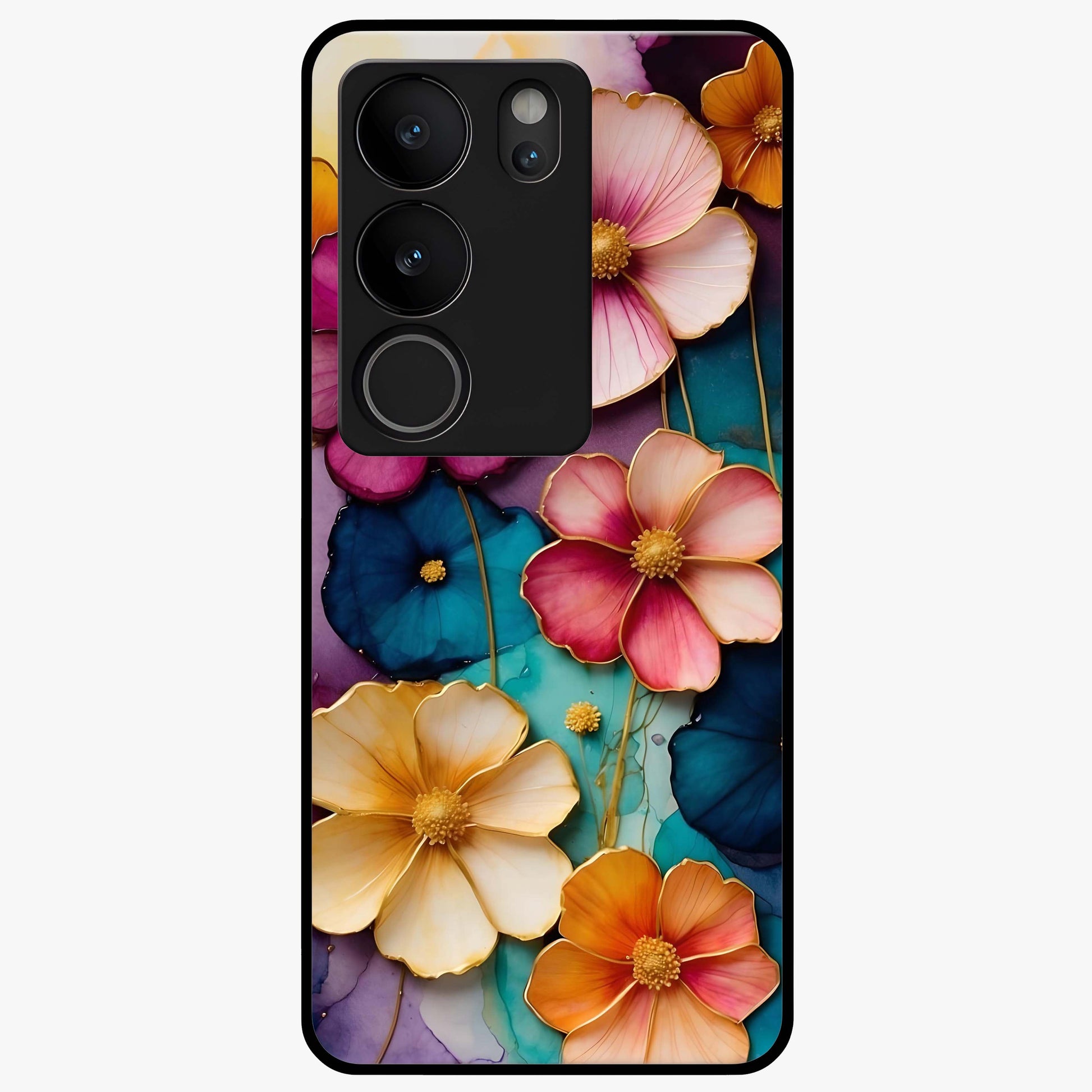 Artlyn Grace Flower Pattern Glass Case showing flat back view with elegant floral pattern artwork and glossy glass finish.