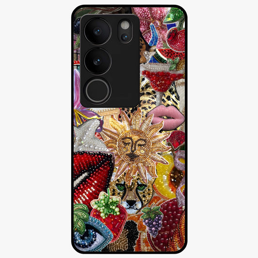 Beaded Fashion Jungle Glass Case showing flat back view with vibrant jungle inspired bead artwork and glossy glass finish.