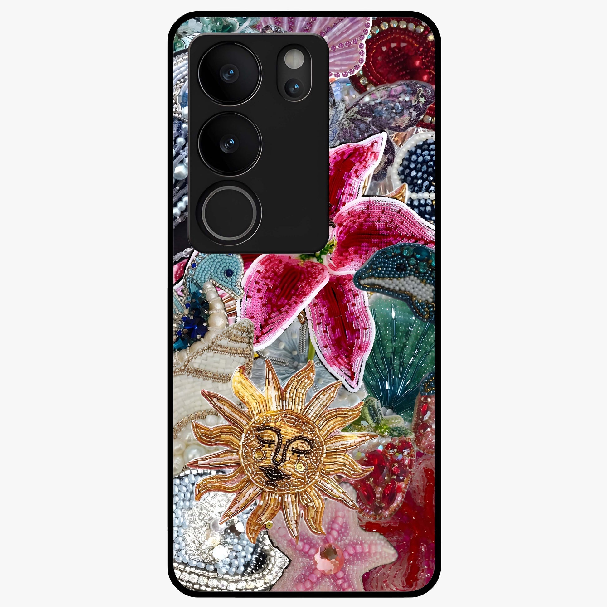 Beaded Garden Fantasy Glass Case showing flat back view with dreamy garden bead artwork and glossy glass finish.