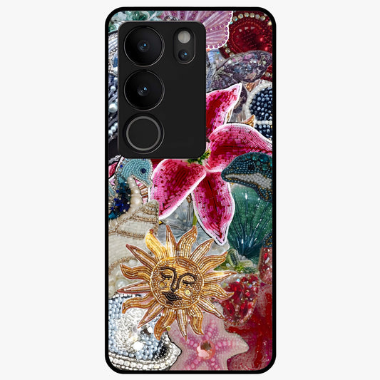 Beaded Garden Fantasy Glass Case showing flat back view with dreamy garden bead artwork and glossy glass finish.