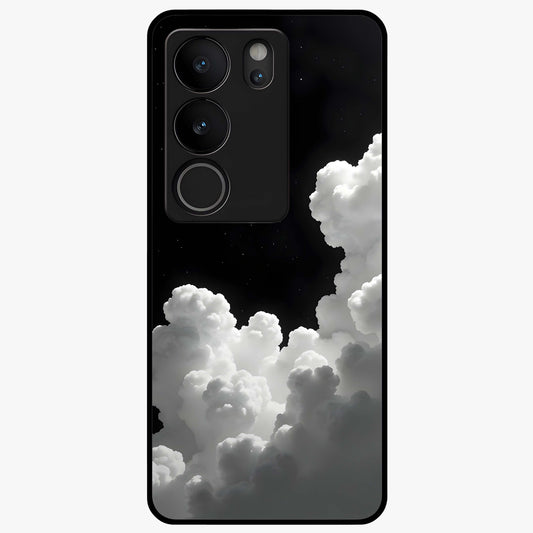 Black Background With White Cloud Glass Case showing flat back view with minimal cloud artwork on dark background and glossy glass finish.