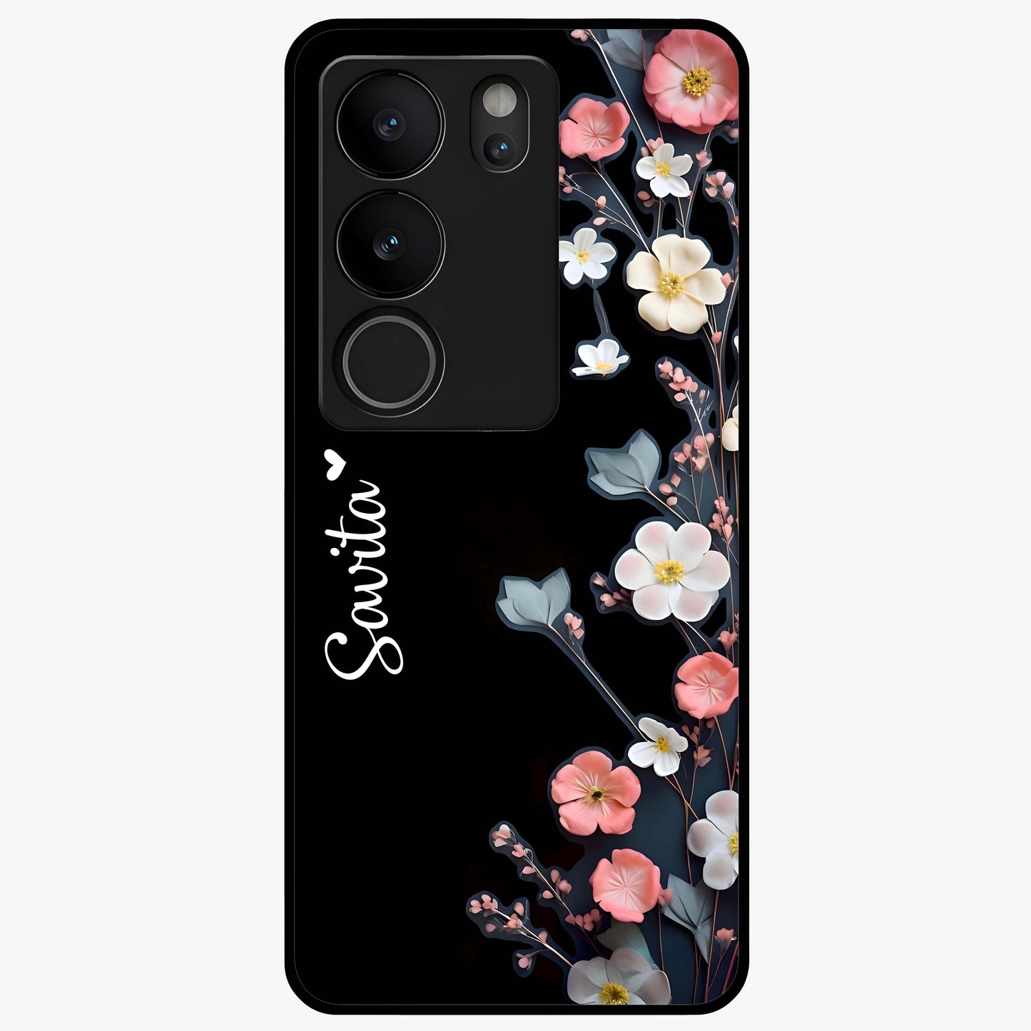 Black Elegance Floral Custom Name Glass Case showing flat back view with elegant floral artwork and personalized name design.
