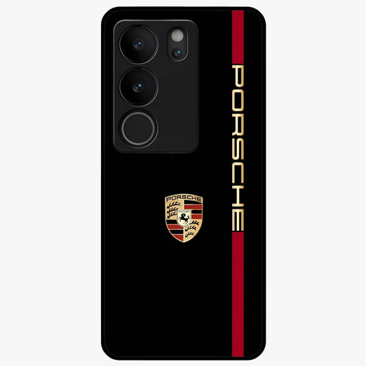 Black Minimal Porsche Glass Case showing flat back view with sleek minimal sports car artwork and glossy glass finish.