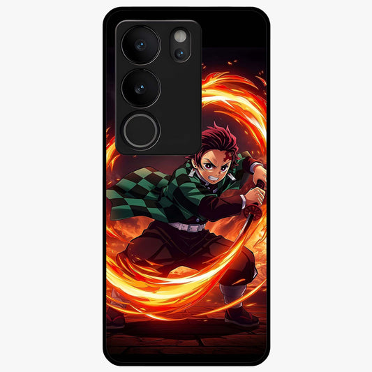 Blazing Sword Resolve Glass Case showing flat back view with fiery sword artwork and glossy glass finish.