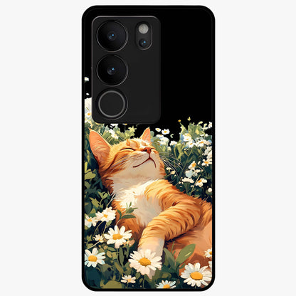 Blissful Bloom Cat Glass Case showing flat back view with cute cat and floral bloom artwork and glossy glass finish.