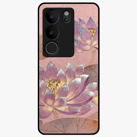 Blossom Mist Lotus Glass Case showing flat back view with serene lotus blossom artwork and glossy glass finish.