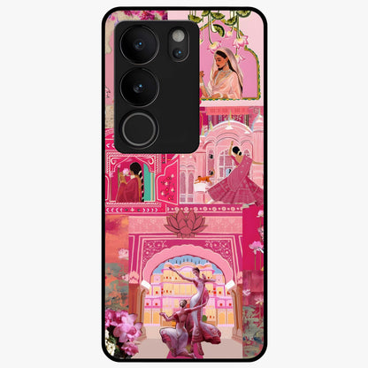 Blossoms of Rajasthan Glass Case showing flat back view with traditional floral artwork inspired by Rajasthan and glossy glass finish.