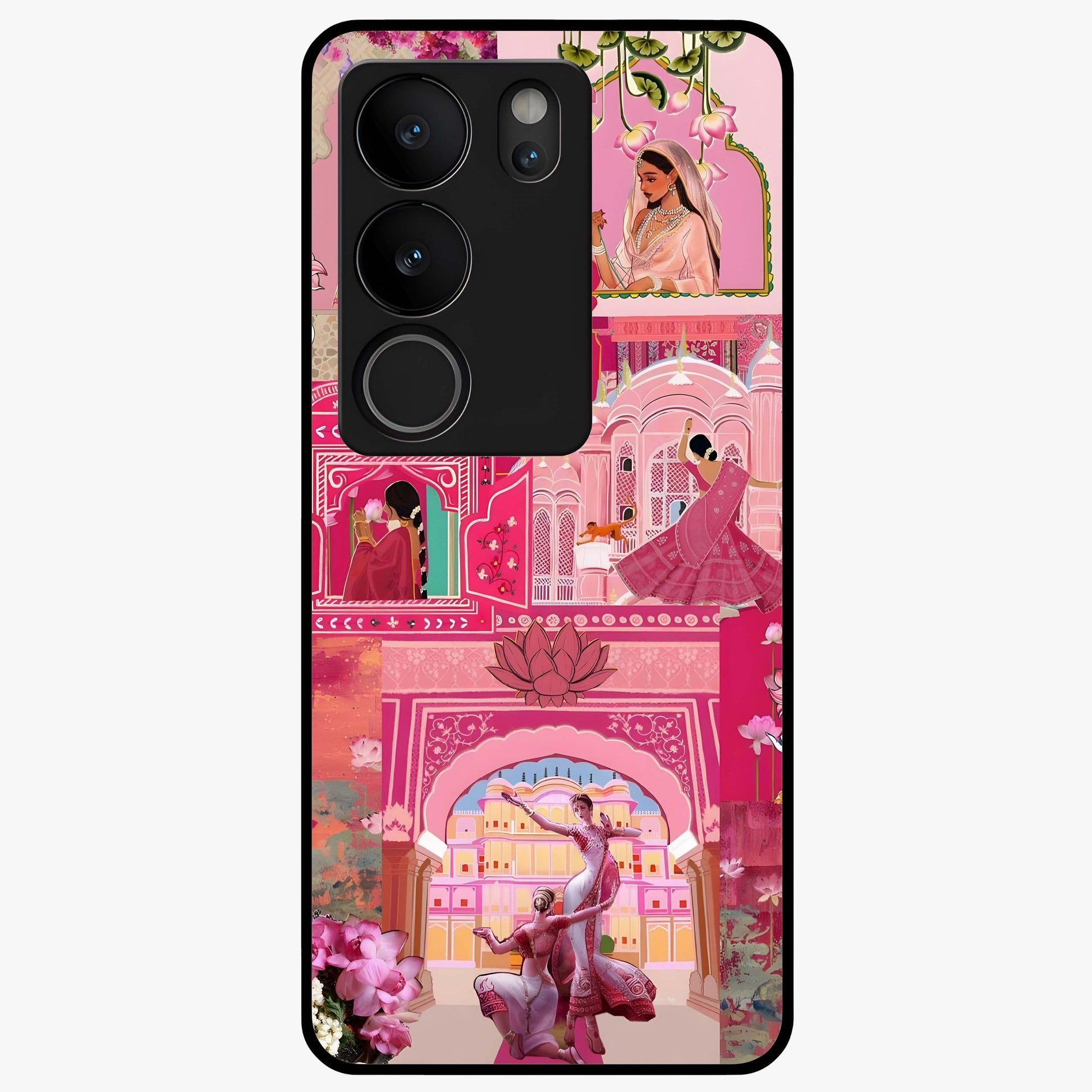 Blossoms of Rajasthan Glass Case showing flat back view with traditional floral artwork inspired by Rajasthan and glossy glass finish.