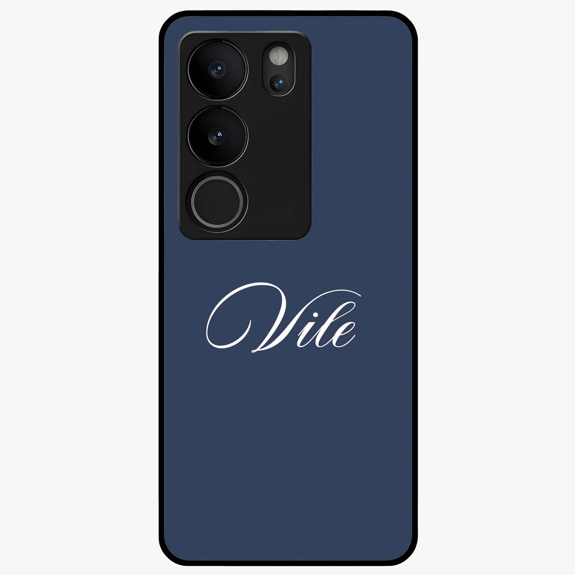 Blue Background Personalized Custom Name Glass Case showing flat back view with minimal blue background and custom name design.