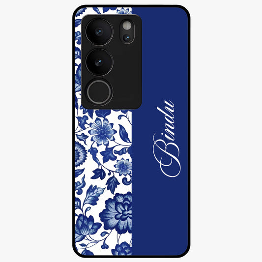 Blue Vintage Floral Pattern Glass Case upright view showcasing timeless floral illustration with vintage inspired style.