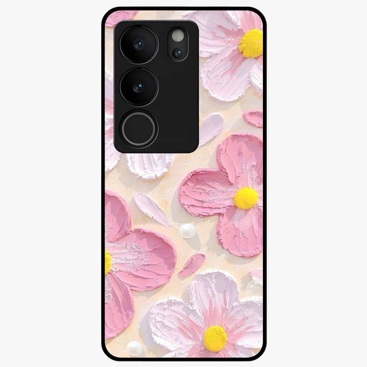 Blush Bloom Texture Glass Case showing flat back view with soft blush floral texture artwork and glossy glass finish.