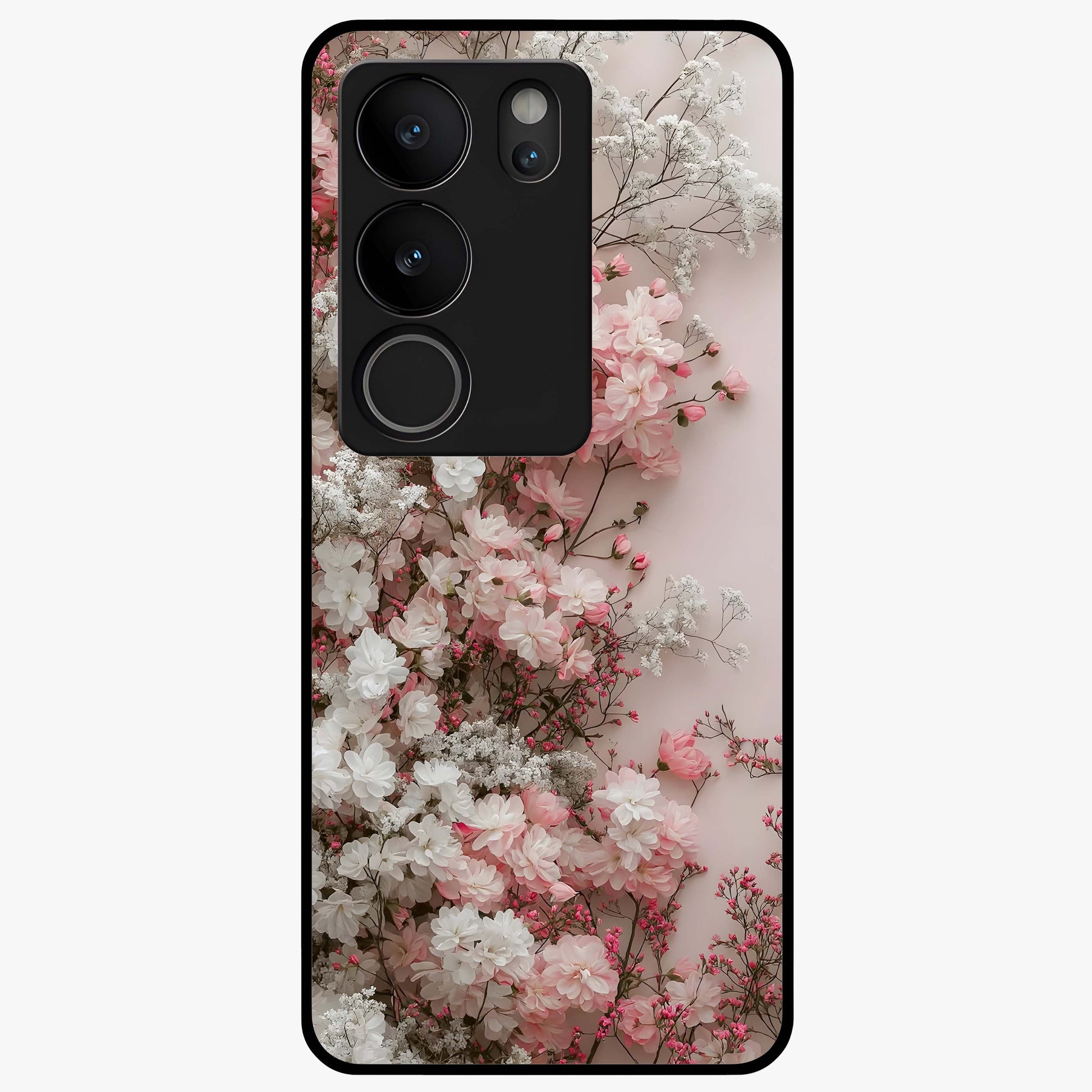Blush Blossom Cloud Glass Case showing flat back view with dreamy blush cloud blossom artwork and glossy glass finish.
