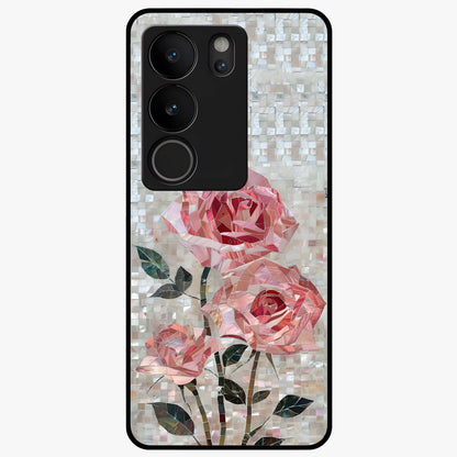 Blush Mosaic Bloom Glass Case showing flat back view with mosaic floral bloom artwork and glossy glass finish.