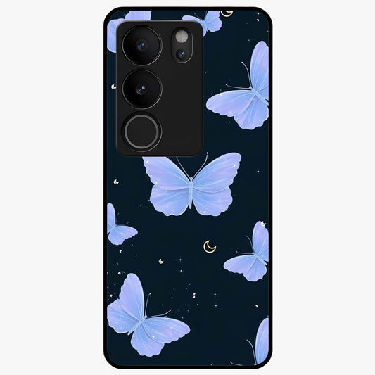 Butterfly With Stars Pattern Glass Case showing flat back view with butterfly and star pattern artwork and glossy glass finish.