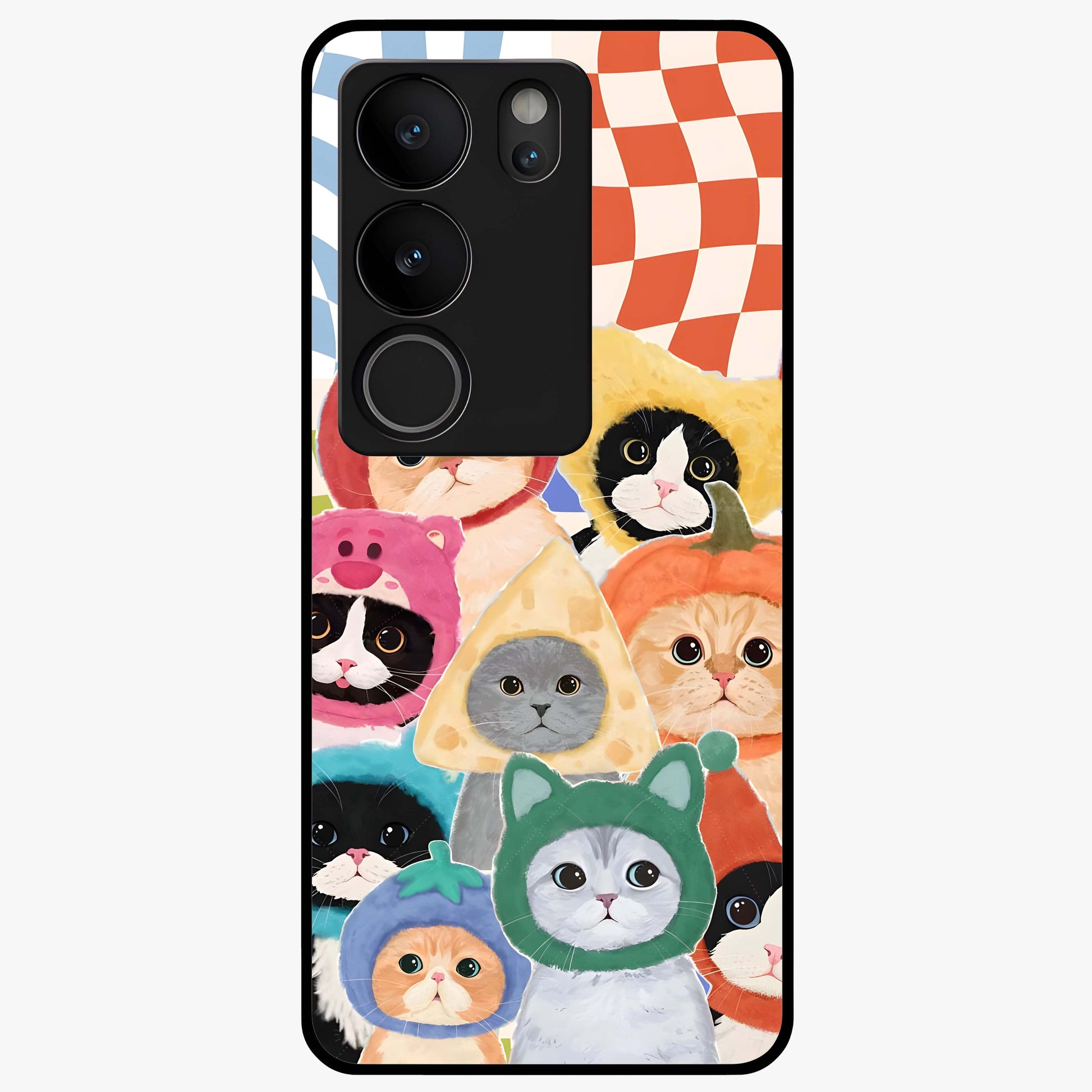 Cats in Fruits Glass Case showing flat back view with playful cat illustrations inside fruit artwork and glossy glass finish.