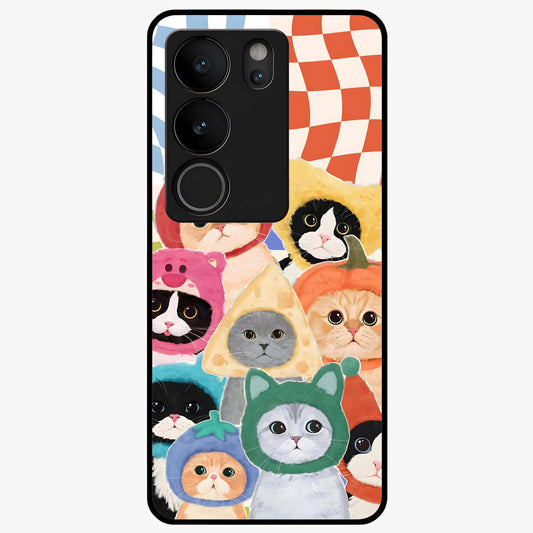 Cats in Fruits Glass Case showing flat back view with playful cat illustrations inside fruit artwork and glossy glass finish.