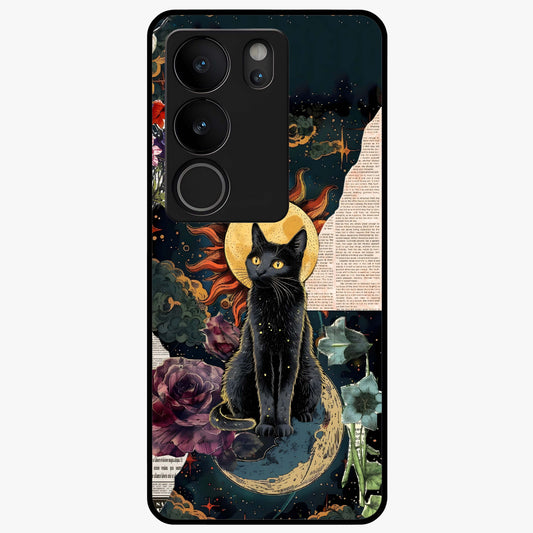 Celestial Black Cat Glass Case showing flat back view with mystical black cat artwork and glossy glass finish.