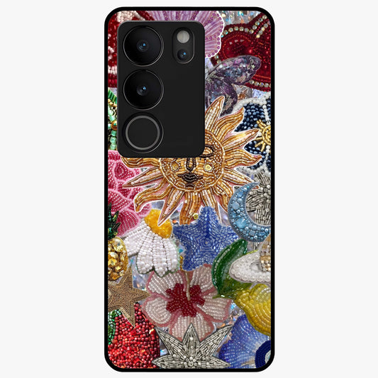 Celestial Floral and Playful Glass Case showing flat back view with floral and celestial themed artwork and glossy glass finish.