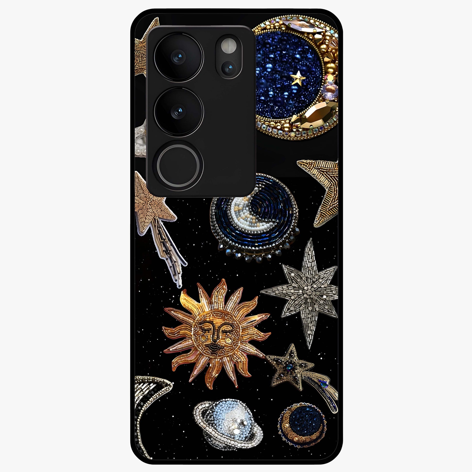 Celestial Gem Constellations Glass Case showing flat back view with sparkling constellation artwork and glossy glass finish.
