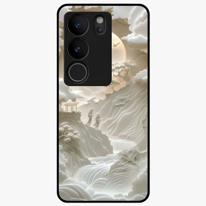 Celestial Origami Glass Case showing flat back view with artistic origami inspired celestial artwork and glossy glass finish.