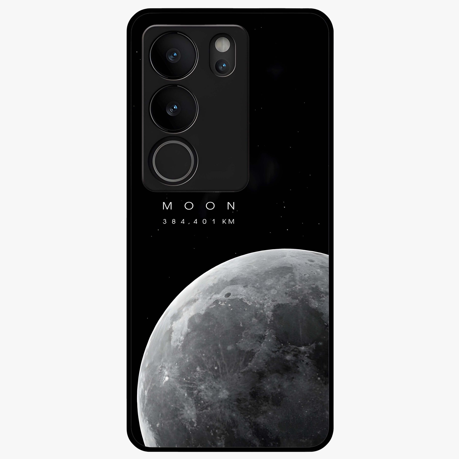 Cosmic Moon Glow Glass Case showing flat back view with glowing moon artwork and glossy glass finish.
