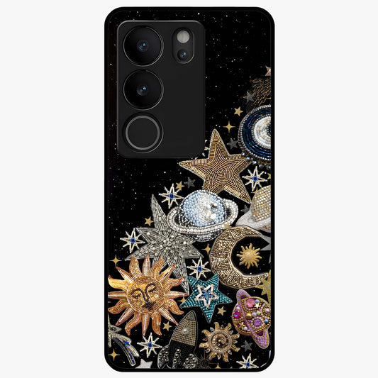 Cosmic Sparkle Dreams Glass Case showing flat back view with sparkling cosmic artwork and glossy glass finish.