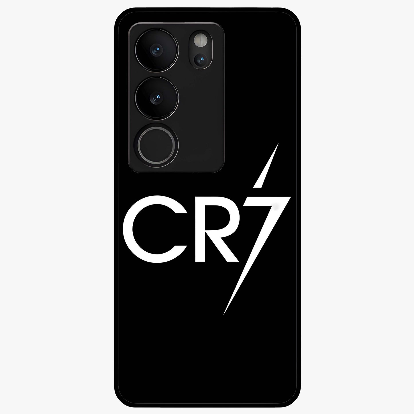 Cr7 Elite Strike Glass Case showing flat back view with dynamic football inspired artwork and glossy glass finish.
