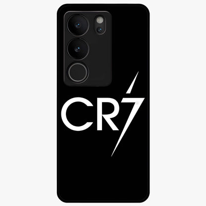 Cr7 Elite Strike Glass Case showing flat back view with dynamic football inspired artwork and glossy glass finish.