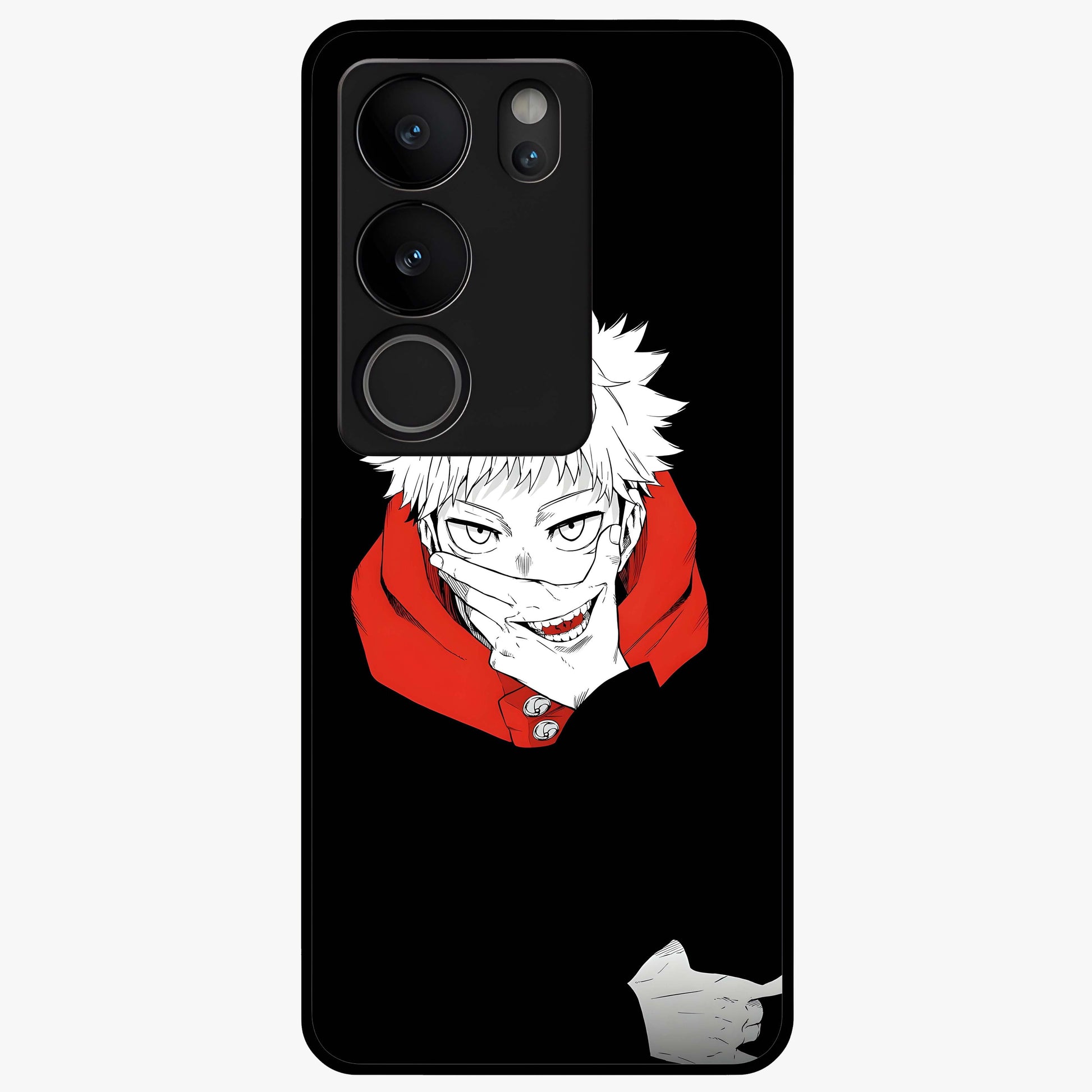 Crimson Chaos Smile Glass Case showing flat back view with bold chaotic smile artwork and glossy glass finish.