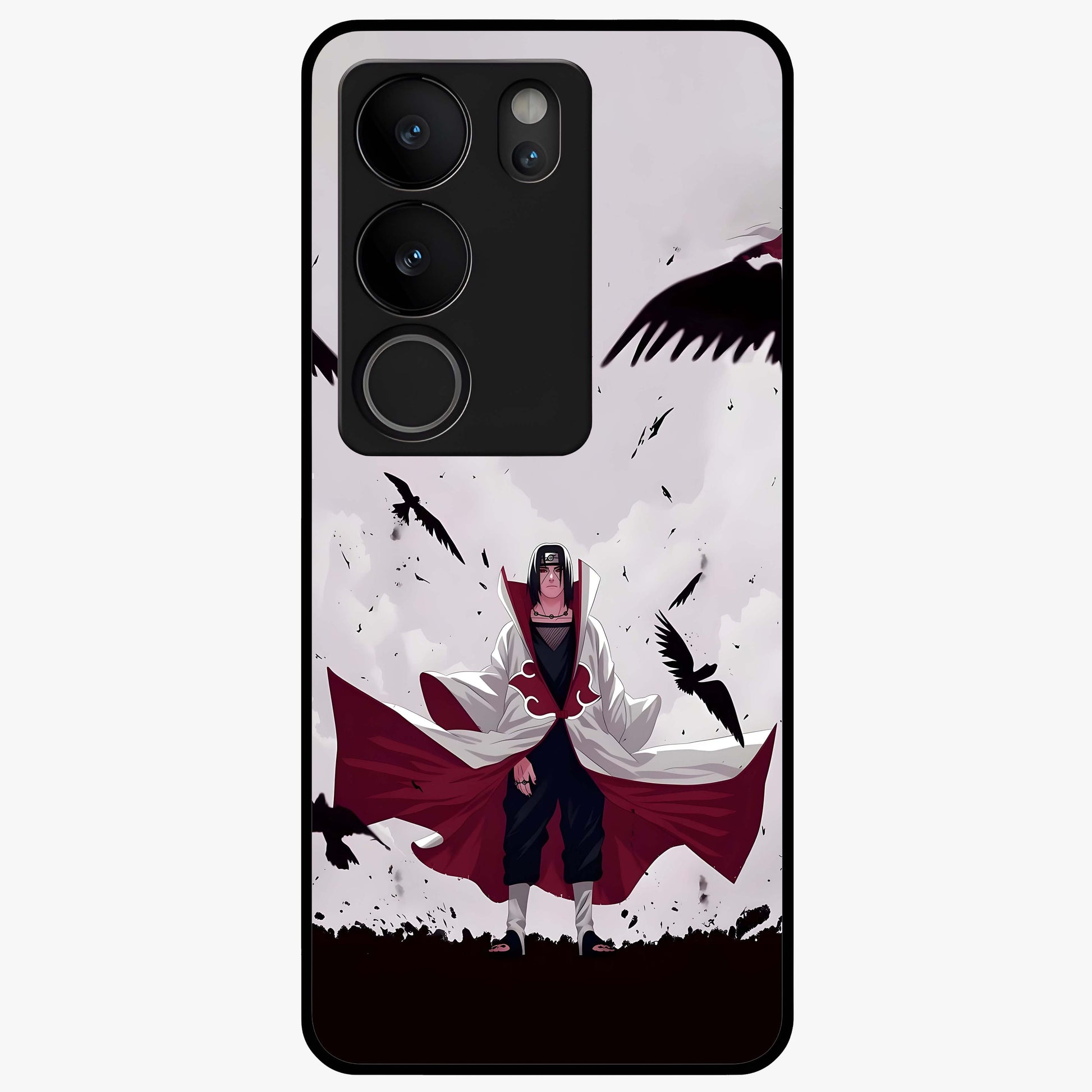 Crimson Crow Ascension Glass Case showing flat back view with mystical crow artwork and glossy glass finish.