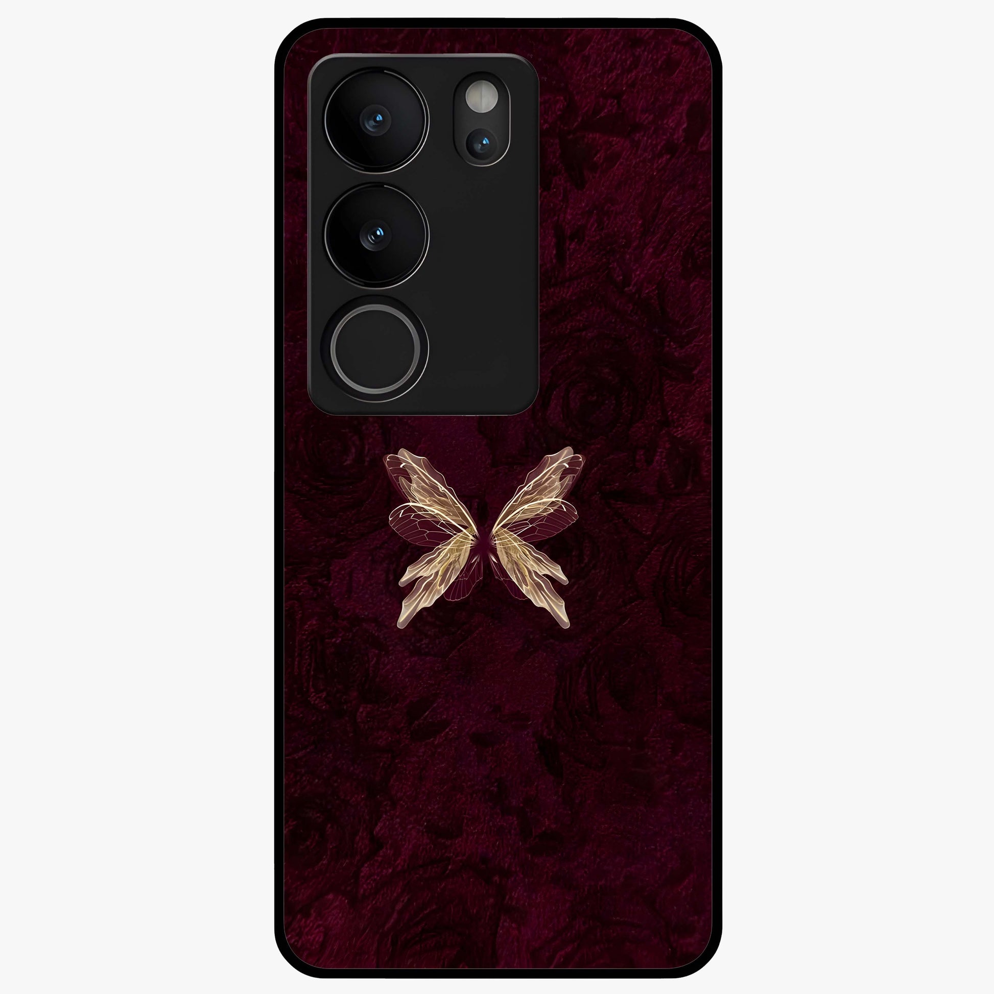 Crimson Fade Butterfly Glass Case showing flat back view with fading butterfly artwork and glossy glass finish.