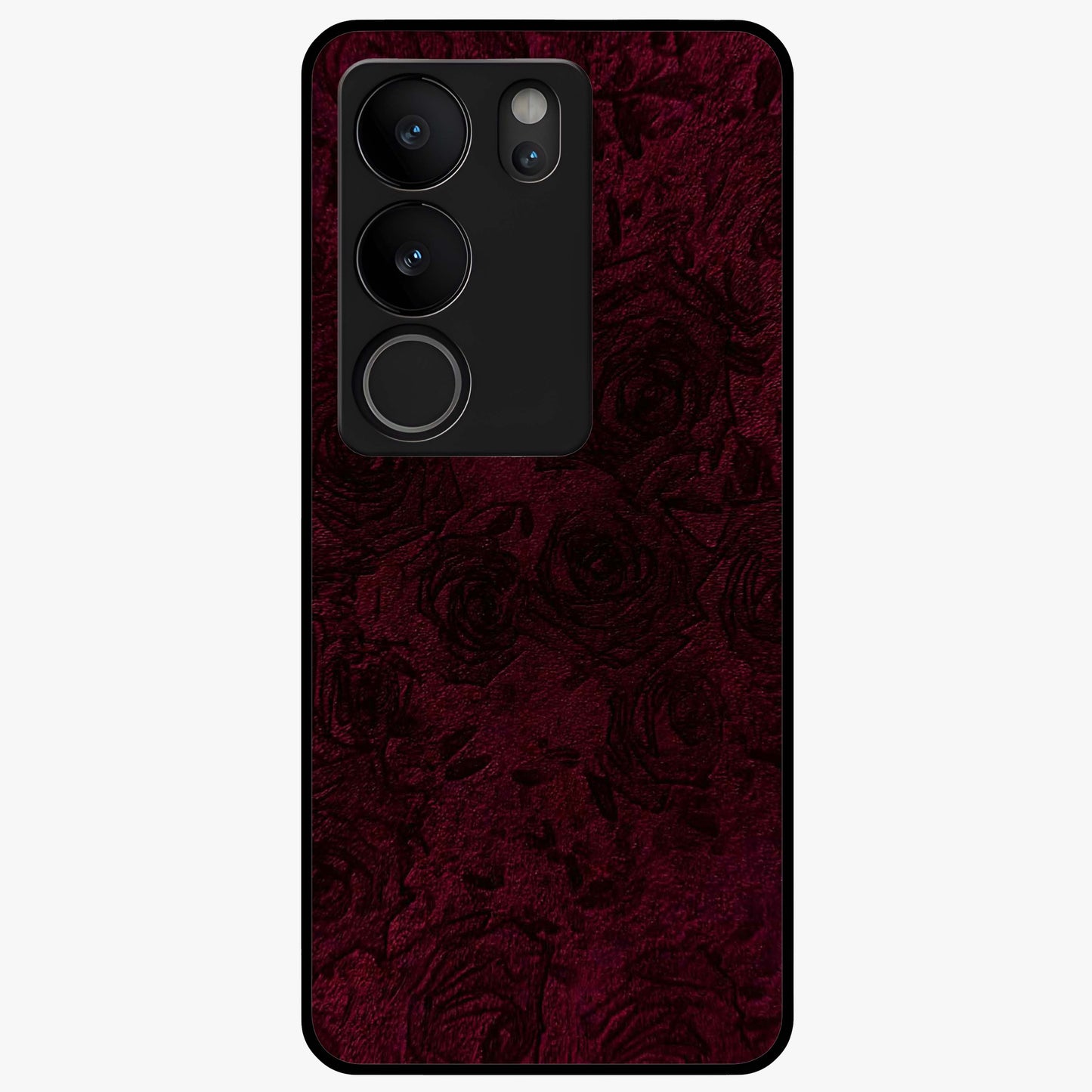 Crimson Fade Flow Glass Case showing flat back view with flowing crimson gradient artwork and glossy glass finish.
