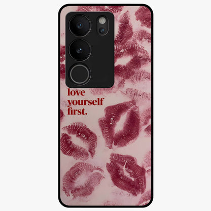 Crimson Kiss Love Glass Case showing flat back view with romantic crimson themed artwork and glossy glass finish.