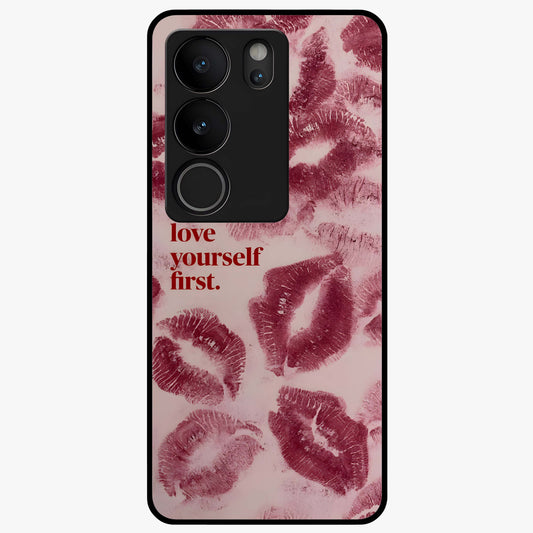 Crimson Kiss Love Glass Case showing flat back view with romantic crimson themed artwork and glossy glass finish.