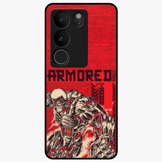 Crimson Mecha Titan Glass Case showing flat back view with powerful mech titan artwork and glossy glass finish.