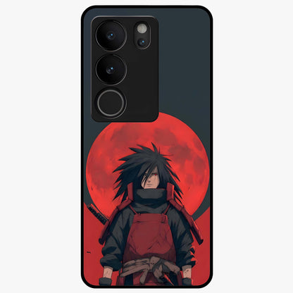 Crimson Moon Warlord Glass Case showing flat back view with mystical moon warrior artwork and glossy glass finish.